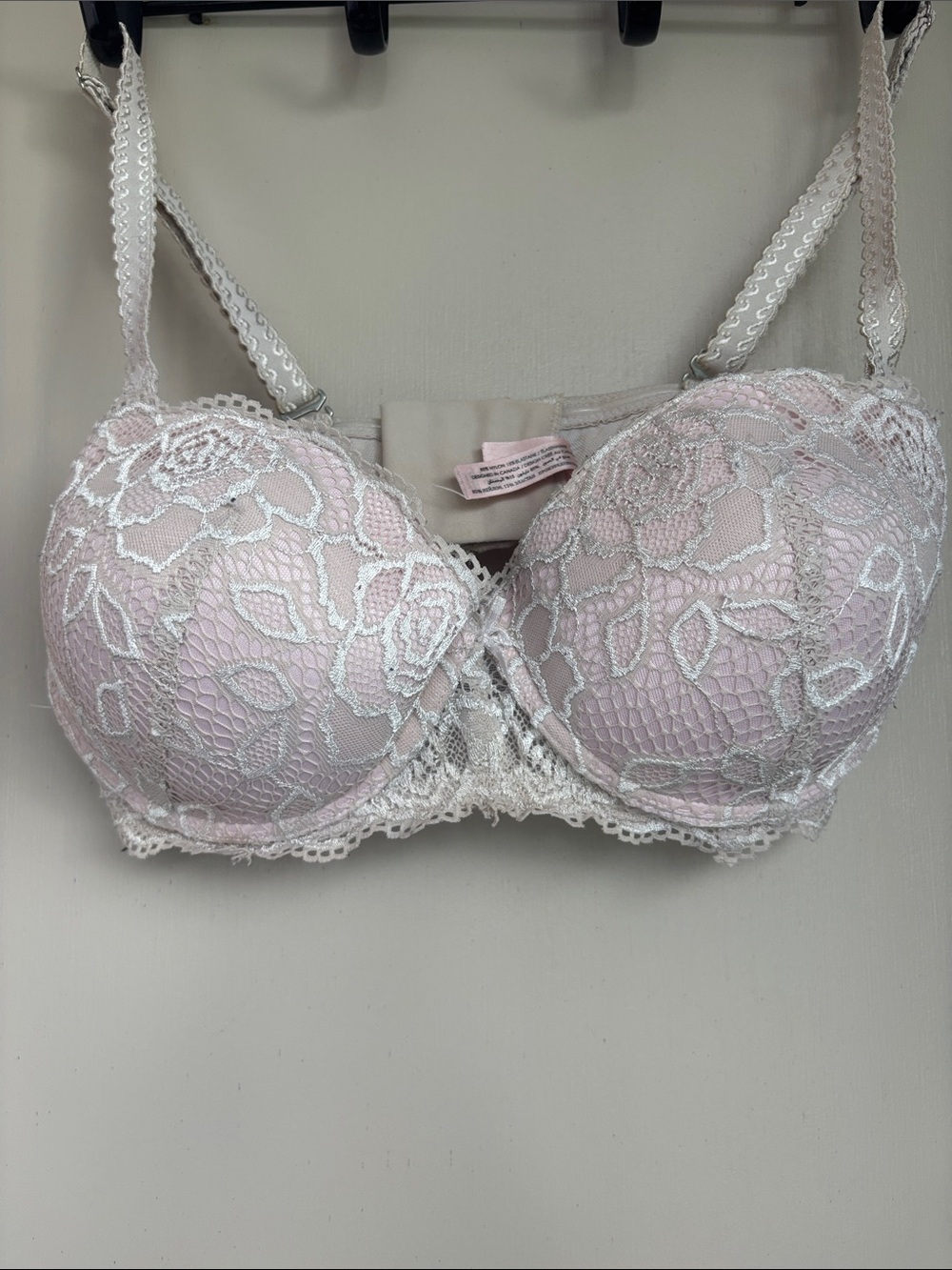 La Vie En Rose Pink Bra with White Lace Overlay